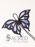 The Small size butterfly costume wings sit on a white background. A loop at the top goes over the dogs head allowing the wings to sit over the dogs shoulders or wherever you think it looks best. The tails of the loop allow the head loop to be pulled longer or shorter and can then be tied under the dogs belly, or around its harness.