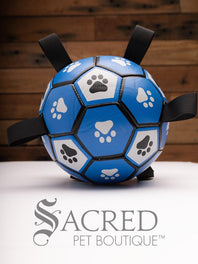 The Canine Care herding ball with tabs has a typical soccer ball pattern coloured in blue, white and black with paw prints in each pentagonal section. Tabs for carrying follow the circumference of the ball.