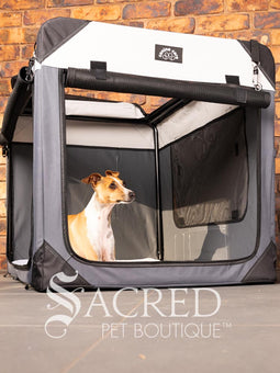 A Canine Care portable soft crate sits on a tile floor in a brick walled room. The side and an end door have been rolled up. An Italian Greyhound (it's Rossi) sits inside and looks to a person off screen. The crate looks spacious and airy.