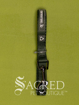 The Catventure logo and recycled image is shown on the black leash near the stainless steel snap hook end of the leash. The leash is shown looped and on a white background.