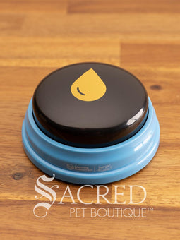 The product pack for Hunger for Words Talking Pet Essential Words sits on a wooden table with a wooden plank background. It shows the six pre-recorded blue and black buttons included, the words that are recorded, and pictures of dogs, although this product is suitable for cats.