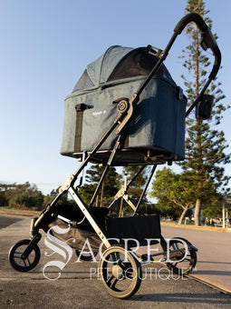 Pet stroller with a blue pet carrier on a paved path near a beach, featuring the Sacred Pet Boutique logo.