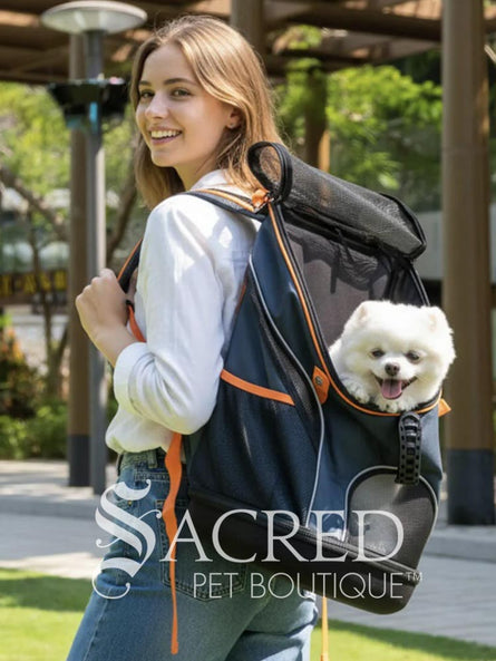 A woman outdoors wearing a navy blue pet backpack with orange accents, with a small white dog visible in the front pocket. The Sacred Pet Boutique logo is overlaid at the bottom.