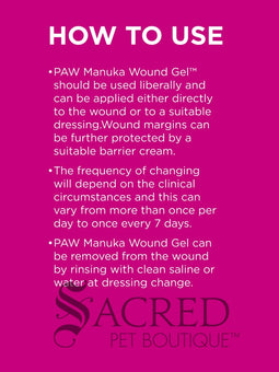 A tube and box of paw Manuka Wound Gel shown on a white background, featuring a golden retriever on the packaging. A 'SACRED PET BOUTIQUE' watermark is visible at the bottom.