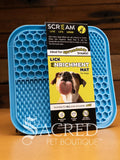 A Lick Mat in blue with different textures, perfect to help puppies eat slowly, and reduce stress and anxiety with the move to a new home.