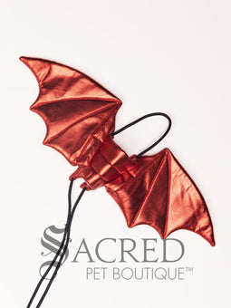 The Small size black bat costume wings sit on a white background. A loop at the top goes over the dogs head allowing the wings to sit over the dogs shoulders or wherever you think it looks best. The tails of the loop allow the head loop to be pulled longer or shorter and can then be tied under the dogs belly, or around its harness.