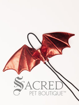 The Small size black bat costume wings sit on a white background. A loop at the top goes over the dogs head allowing the wings to sit over the dogs shoulders or wherever you think it looks best. The tails of the loop allow the head loop to be pulled longer or shorter and can then be tied under the dogs belly, or around its harness.