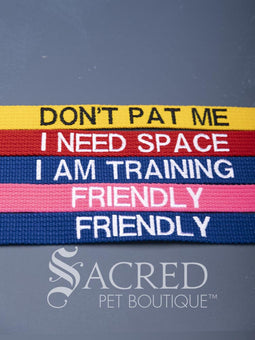 A group image showing polypropylene dog collars and leashes with safety message, made in bright colours. On a grey background with a Sacred Pet Boutique watermark.