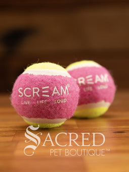 A single blue and orange tennis ball sits on a wooden table with a wooden background. The ball is solid foam, so it won't pop, has dog friendly fuzz and does not squeak.