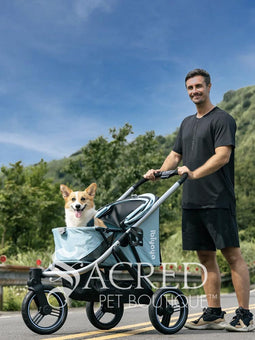 A woman in black athletic wear pushes a black pet stroller with green frame and wheel trim, in an outdoor urban setting. The stroller canopy has the brand name 'Ibiyaya' visible on the side. A white watermark from "Sacred Pet Boutique".