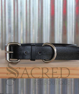 A dog wearing a pink Coopers collar with a white background and a grey Sacred Pet boutique watermark.