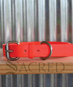A dog wearing a pink Coopers collar with a white background and a grey Sacred Pet boutique watermark.