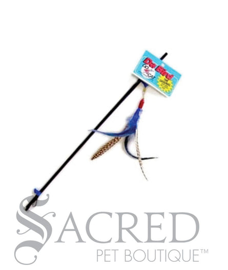 Da Bird teaser toy featuring a long black wand with feathers at the end that fan out to imitate birds in flight when in motion. The toy is lying on a white background with a grey Sacred Pet Boutique watermark.