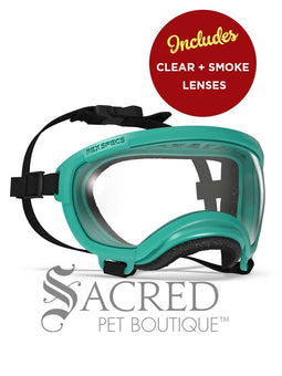 A black and white border collie dog wearing blue Rex Specs goggles is seen running in long dry grass. The goggles feature a green mirrored lens. The image has a white Sacred Pet Boutique watermark.