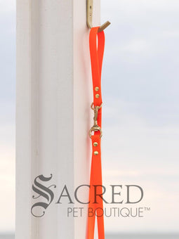 A fluro green biothane waterproof leash with brass hardware hanging from a brass hook on a white painted wooden post. It shows the full length of the leash which has it folded in half and the leash clip attached to the D ring at the leash handle. There is a beach in the background and a white Sacred Pet Boutique watermark the bottom. 