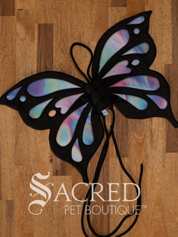 The Small size black bat costume wings sit on a white background. A loop at the top goes over the dogs head allowing the wings to sit over the dogs shoulders or wherever you think it looks best. The tails of the loop allow the head loop to be pulled longer or shorter and can then be tied under the dogs belly, or around its harness. 