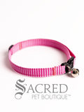 Pink striped cat collar with a bell on a white background, branded as Sacred Pet Boutique.