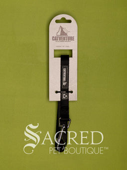 The Catventure logo and recycled image is shown on the black leash near the stainless steel snap hook end of the leash. The leash is shown looped and on a white background.