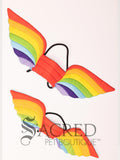 A pair of rainbow costume wings sit on a white background. The comparison in sizes shows the large to be suitable for small to medium dogs and the small to for small to toy dogs.