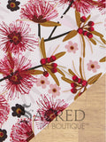 Beautiful red Hakea and other pink flowers and berries adorn this simple tie-on dog bandana. Perfect for female dogs.