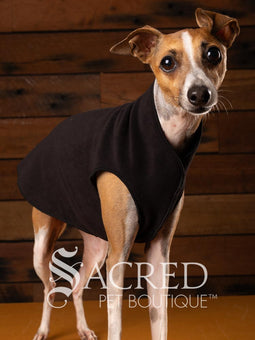 Rossi, an Italian Greyhound dog wearing a red Stretch Fleece garment in size 12.