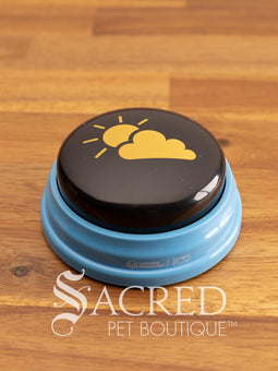 The product pack for Hunger for Words Talking Pet Essential Words sits on a wooden table with a wooden plank background. It shows the six pre-recorded blue and black buttons included, the words that are recorded, and pictures of dogs, although this product is suitable for cats.