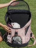 A pink and black pet carrier backpack with a small white dog inside, being held by a person on a green grass lawn. A watermark for 'Sacred Pet Boutique' is visible at the bottom.