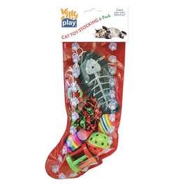 Cat Christmas stocking with various fish, mouse, ball and barrel toys inside that include crinkle, bells and catnip. Branded 'Kitty Play'. On a white background.