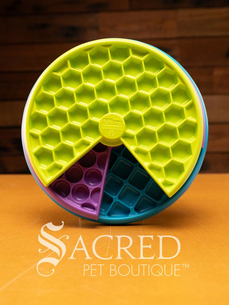 A licking layers toy is shown on a wooden table with a wooden plank wall background. You can clearly see the three different layers of the toy. The top layer is a green hexagonal design. The middle layer is a purple circle design. The bottom layer is blue square design.