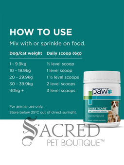 A white plastic bottle of Paw Pure Animal Wellbeing Digesticare pre and probiotic support powder for pets, featuring a teal and green label with an image of a dog and cat, on a white background with a 'Sacred Pet Boutique' watermark at the bottom.