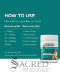 A teal and white 'How to Use' instruction graphic for Paw Digesticare pet supplement. The graphic includes a dosage table based on dog/cat weight, a photo of a white jar with a dog and cat on the label, and the Sacred Pet Boutique watermark at the bottom.