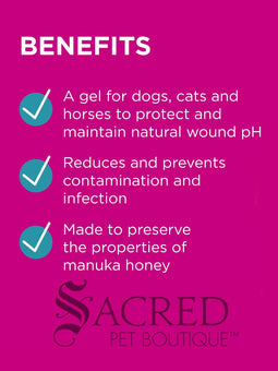 A tube and box of paw Manuka Wound Gel shown on a white background, featuring a golden retriever on the packaging. A 'SACRED PET BOUTIQUE' watermark is visible at the bottom.
