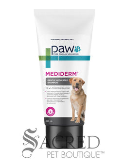 A 200 mL squeeze tube of Paw Mediderm Gentle Medicated Shampoo for pets, featuring a white tube with a black cap and a picture of a golden retriever on the label, set against a plain white background with a 'Sacred Pet Boutique' watermark at the bottom.