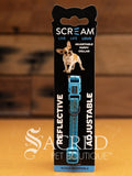 A Scream puppy collar in blue with a side release clip, reflective stripe, adjustable to fit puppies that have just arrived in their new home.