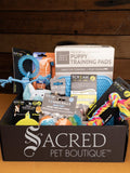 The gift pack is shown opened with the full selection of products on show. All blue or blue based items for male puppies.