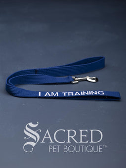 A group image showing polypropylene dog collars and leashes with safety message, made in bright colours. On a grey background with a Sacred Pet Boutique watermark.