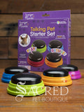 Talking Pet Starter Set packaging with colourful pet toys on a wooden surface, branded as Sacred Pet Boutique.