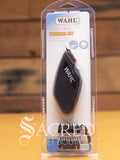 Wahl Pocket Pro trimmer kit in packaging, featuring a small black battery operated trimmer with the Wahl brand logo, a blade, and a blade guard. Features Sacred Pet Boutique watermark.
