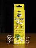 A yellow box of Yumguard Puree Star tube cat treats, Chicken Puree with Papaya, shown against a black background with a wooden surface below. A large 'Sacred Pet Boutique' watermark is visible across the bottom.