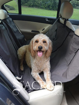 A golden labradoodle sits on the hammock in the back seat of a modern car with a cream leather interior. The Waterproof Hammock car seat cover is definitely protecting the car seat and stopping the dog from falling into the foot well.