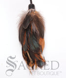 The end of a Purrfect Pouncer cat teaser toy is shown indicating lots of feathers and light reflecting off the iridescence.