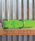A fluro green biothane collar with stainless steel hardware thats buckled and lying a wooden shelf with a corrugated background. With a grey Sacred Pet Boutique watermark.