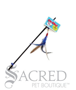 Da Bird teaser toy featuring a long black wand with feathers at the end that fan out to imitate birds in flight when in motion. The toy is lying on a white background with a grey Sacred Pet Boutique watermark.
