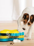 A Jack Russell dog pawing at a Dog Tornado enrichment toy that has blue and yellow layers that swivel around to reveal compartments where you can hide treats. The dog and toy are on a light wood floor with a white background. There is a white Sacred Pet Boutique watermark at the bottom of the image. 
