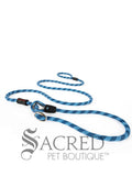 A two shades of blue rope leash with a metal slider and rubber stoppers, Ezydog Luca leash can be used as a "slip" leash. White background with 'SACRED PET BOUTIQUE' watermark.