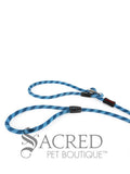 A two shades of blue rope leash with a metal slider and rubber stoppers, Ezydog Luca leash can be used as a "slip" leash. White background with 'SACRED PET BOUTIQUE' watermark.