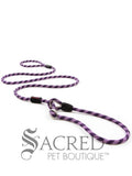 A two shades of purple rope leash with a metal slider and rubber stoppers, Ezydog Luca leash can be used as a "slip" leash. White background with 'SACRED PET BOUTIQUE' watermark.