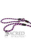 A two shade of purple rope leash with a metal slider and rubber stoppers, Ezydog Luca leash can be used as a "slip" leash. White background with 'SACRED PET BOUTIQUE' watermark.