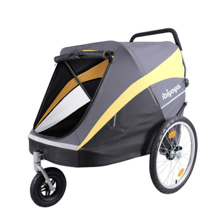 A grey and yellow heavy-duty 3 wheeled pet stroller with mesh windows, designed for large dogs, featuring a spacious cabin and air-pumped wheels. 