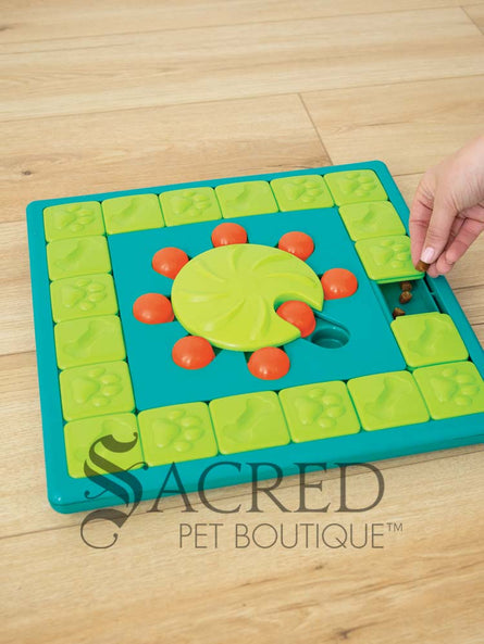 A teal, lime green and orange plastic interactive dog puzzle toy placed on a light coloured wooden floor. The toy is square shaped with a teal base. It has an outer track which is lined with square lime green tiles that slide to reveal hidden treats. There is a central lime green wheel that has a curved indentation and is surrounded by orange pegs. To the right there is a hand dropping treats into a space that can be hidden. At the bottom of the image is a grey Sacred Pet Boutique watermark.
